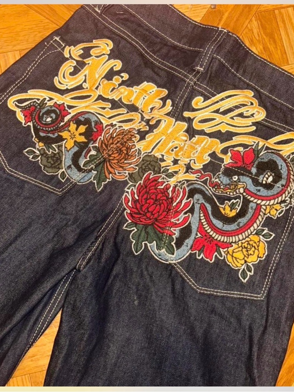 Ninth Hall Dark Blue Denim Jean Shorts with Embroidered Pocket